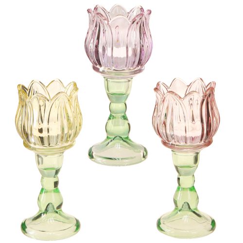 Floristik24 Theelichtglas bloem theelichthouder glas 3 kleuren Ø7cm H16cm 3st