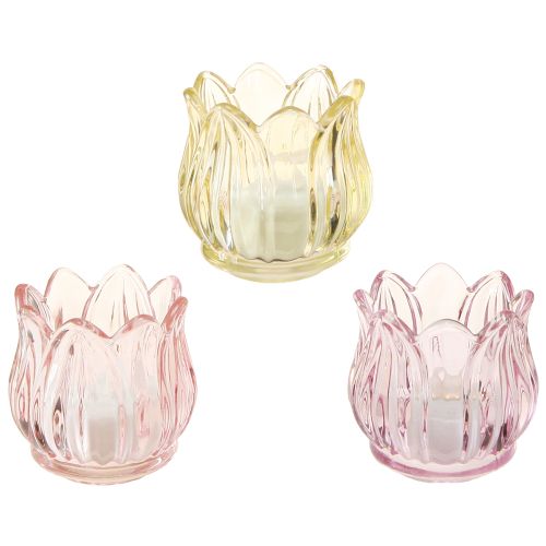 Floristik24 Theelichtje glas bloemenlantaarn glas 3 kleuren Ø7cm H7cm 6st