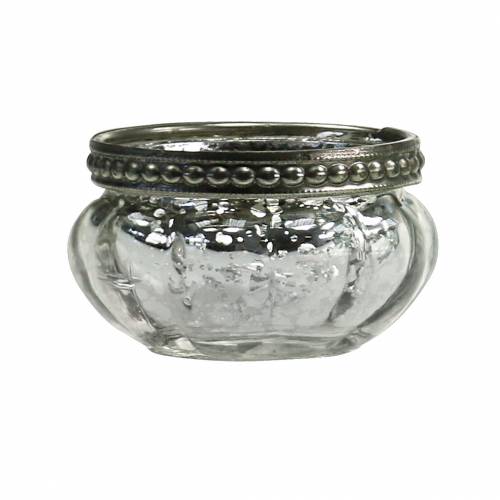 Artikel Theelichtje glas antiek zilver met metalen rand Ø6cm H3.5cm