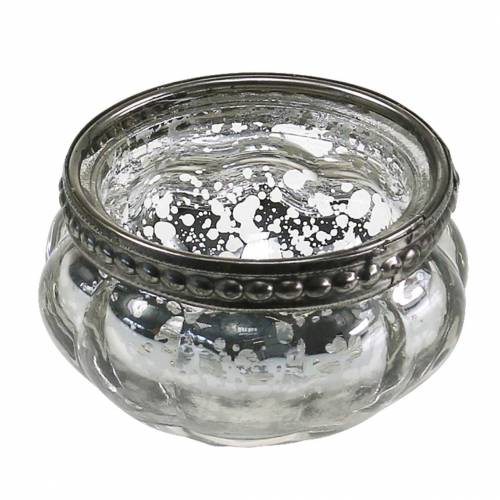Artikel Theelichtje glas antiek zilver met metalen rand Ø6cm H3.5cm