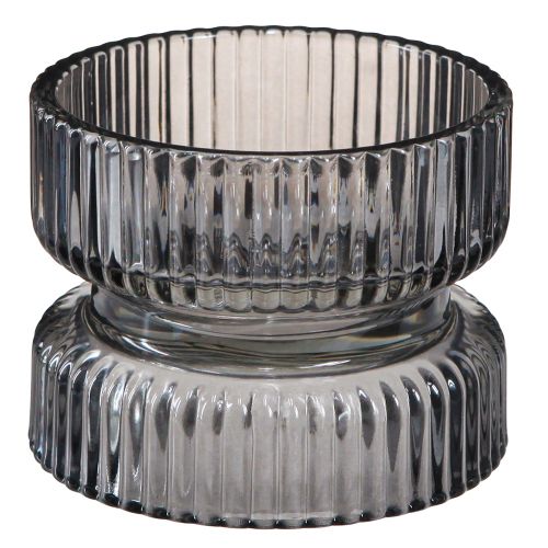 Theelichthouder glas decoratief geribbeld grijs getint Ø9cm H7cm 4 st