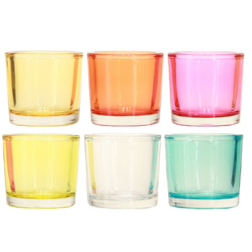 Artikel Theelichthouder glas lantaarns gekleurd assorti Ø6.5cm H6cm 6st
