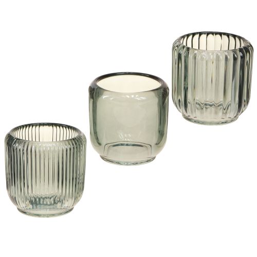 Artikel Theelichthouder glas in grijs groeven decor 8cm 6 st.