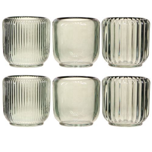 Artikel Theelichthouder glas in grijs groeven decor 8cm 6 st.