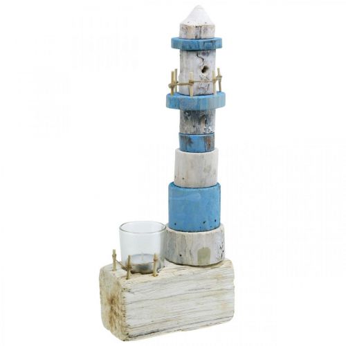 Houten vuurtoren met waxinelichtje glas maritiem decoratie blauw, wit H38cm