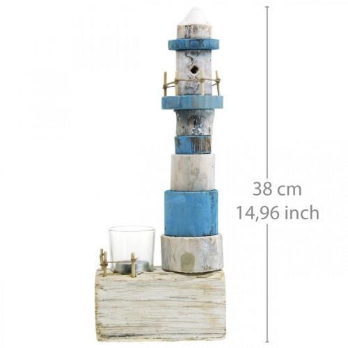 Floristik24 Houten vuurtoren met waxinelichtje glas maritiem decoratie blauw, wit H38cm