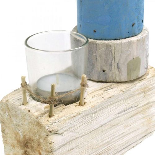 Houten vuurtoren met waxinelichtje glas maritiem decoratie blauw, wit H38cm