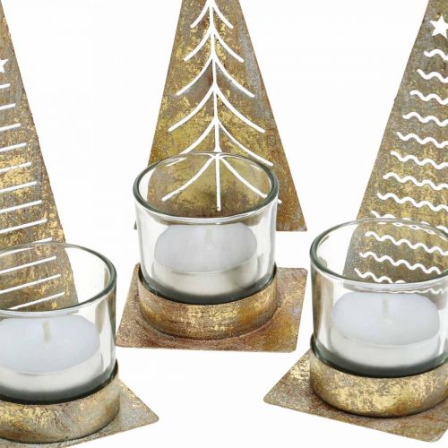Floristik24 Theelichthouder kerstboom metaal, glazen lantaarn H15cm 3st