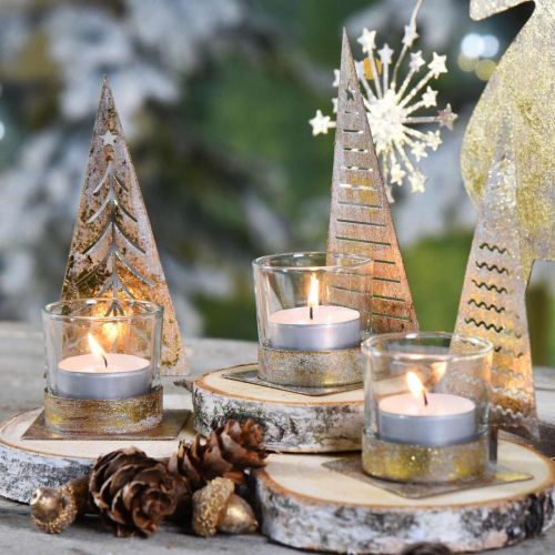 Floristik24 Theelichthouder kerstboom metaal, glazen lantaarn H15cm 3st