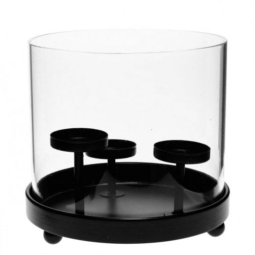 Waxinelichthouder orkaan glas metaal zwart Ø19cm H18cm