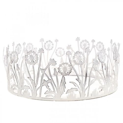 Floristik24 Decoratief dienblad met paardebloemen, metalen decoratie voor de lente wit, zilver shabby chic Ø25cm H10.5cm