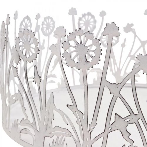 Artikel Decoratief dienblad met paardebloemen, metalen decoratie voor de lente wit, zilver shabby chic Ø25cm H10.5cm
