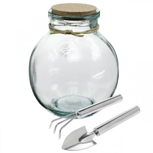 Artikel Fles tuinset glas met kurken deksel en gereedschap Ø21cm H25cm