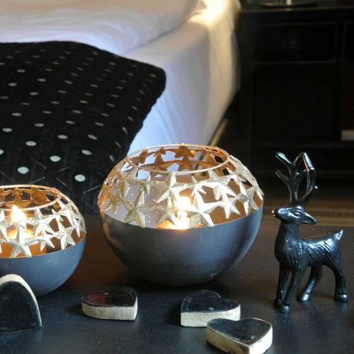 Floristik24 Tafeldecoratie Kerstschaal met sterren zwart, goud Ø14cm H10.5cm