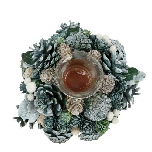 Floristik24 Tafeldecoratie krans van kegels met theelicht groen Ø20cm