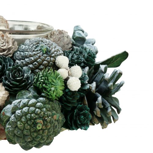 Floristik24 Tafeldecoratie krans van kegels met theelicht groen Ø20cm