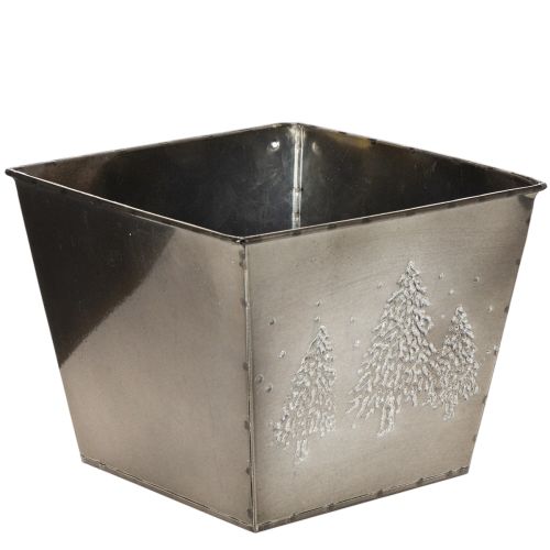 Vierkante metalen plantenbak met dennenboommotief, 18 cm