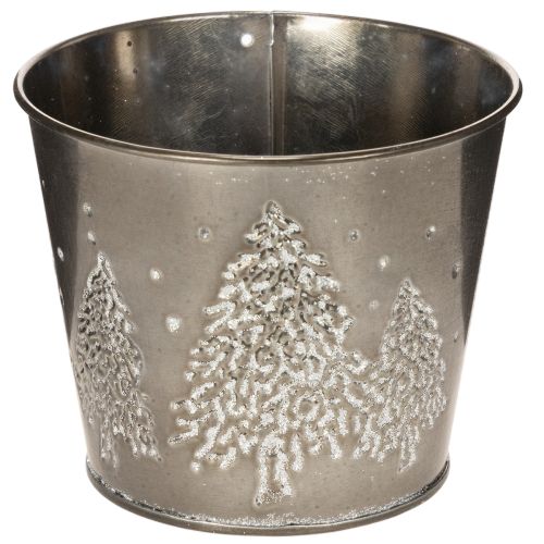 Metalen plantenbak met glinsterende dennenboompjes, 13 cm