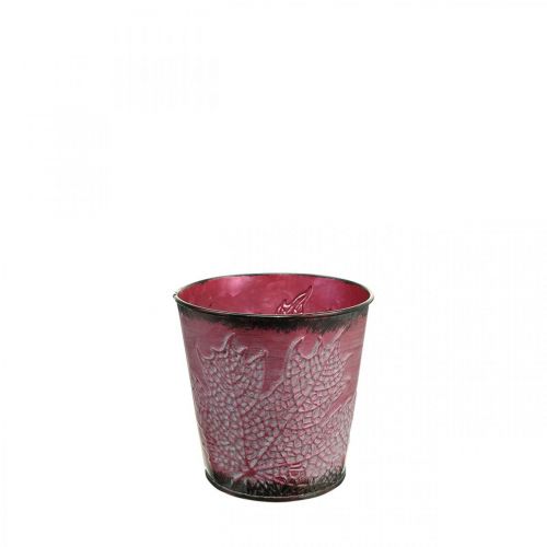 Floristik24 Planter met bladdecoratie, metalen vat, herfst, plantenpot wijnrood Ø10cm H10cm