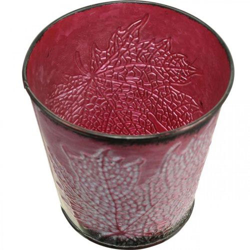 Artikel Planter met bladdecoratie, metalen vat, herfst, plantenpot wijnrood Ø10cm H10cm