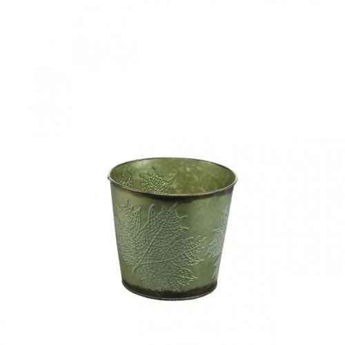 Floristik24 Plantenbak voor de herfst, plantenbak met bladdecoratie, metalen emmer groen Ø14cm H12,5cm