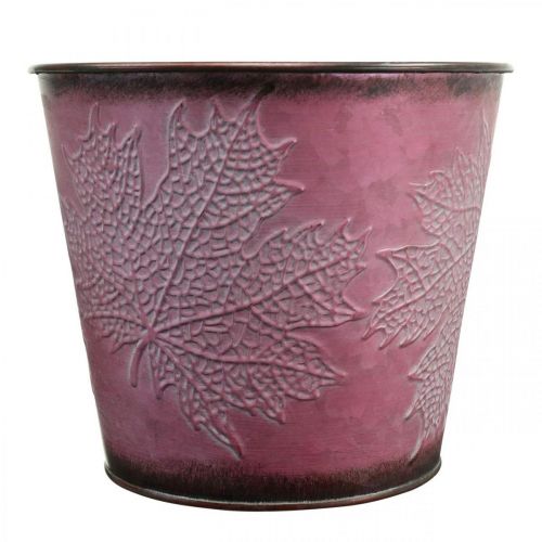 Artikel Bloempot met bladdecoratie, herfstdecoratie, metalen plantenbak wijnrood Ø16.5 cm H14.5 cm