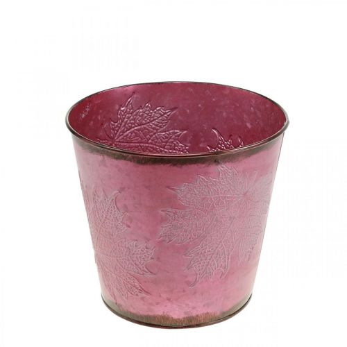 Artikel Planter, metalen emmer met bladeren, herfstdecoratie wijnrood Ø18cm H17cm