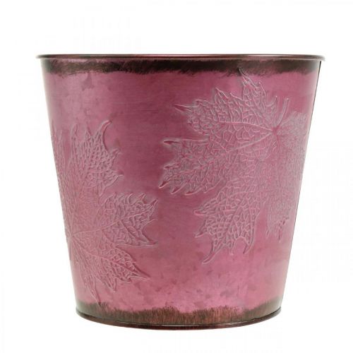 Artikel Planter, metalen emmer met bladeren, herfstdecoratie wijnrood Ø18cm H17cm