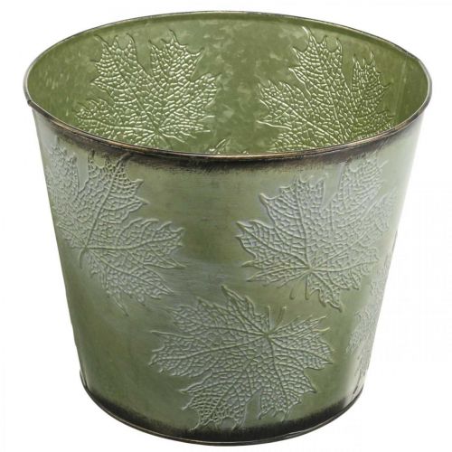 Floristik24 Planter, metalen pot met esdoorn bladeren, herfstdecoratie groen Ø25.5cm H22cm