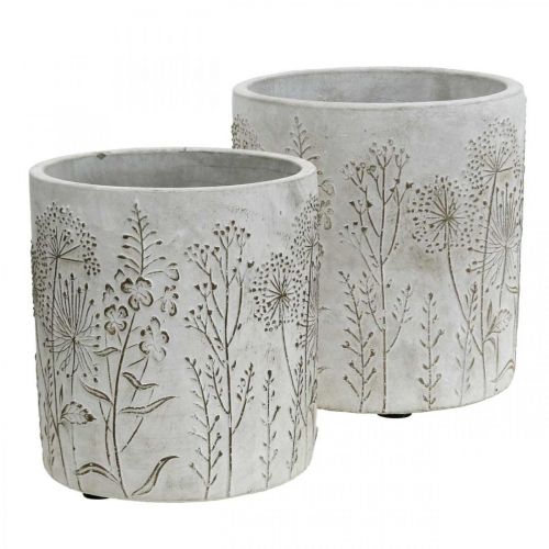 Floristik24 Vaas beton witte bloemenvaas met reliëfbloemen Ø12,5cm 2st