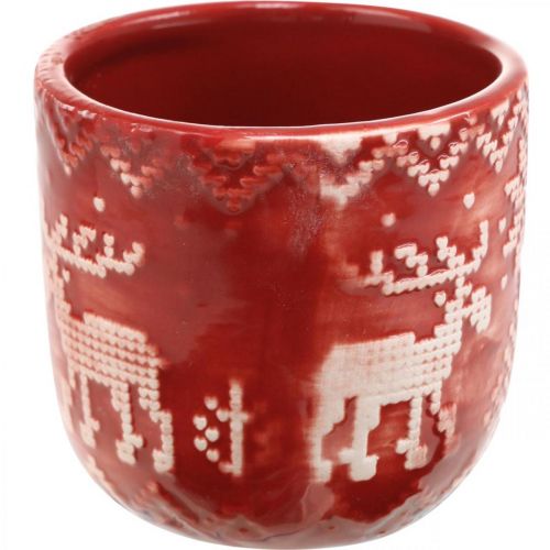Artikel Keramische decoratie met rendieren, adventsdecoratie, plantenbak met Noors patroon rood / wit Ø7.5cm H7cm 6st