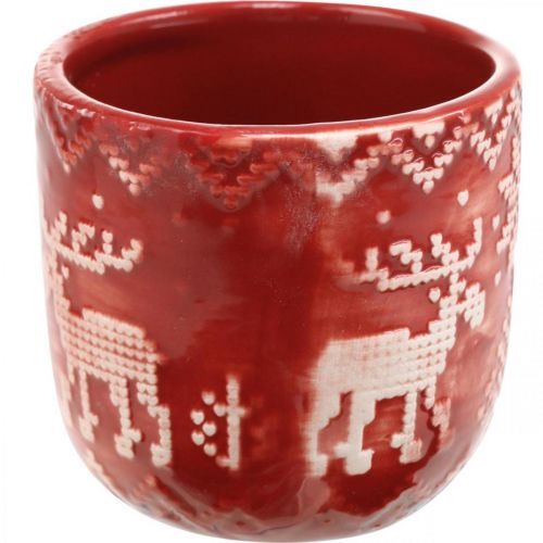 Floristik24 Keramische decoratie met rendieren, adventsdecoratie, plantenbak met Noors patroon rood / wit Ø7.5cm H7cm 6st