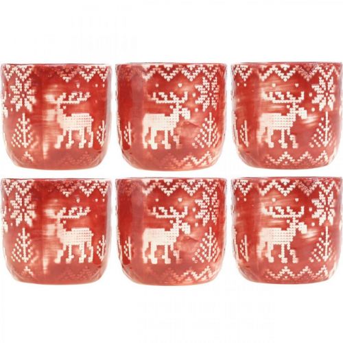 Floristik24 Keramische decoratie met rendieren, adventsdecoratie, plantenbak met Noors patroon rood / wit Ø7.5cm H7cm 6st