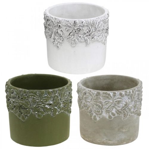 Floristik24 Keramiek vat, bloempot met eiken decor, plantenpot groen / wit / grijs Ø13cm H11.5cm set van 3