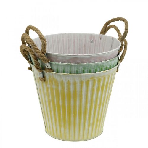 Floristik24 Sierpot, metalen emmer voor opplant, plantenbak met handvatten, roze/groen/geel shabby chic Ø14,5cm H13cm set van 3