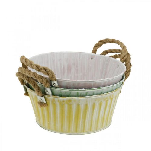 Metalen plantenschaal, bloemschaal, plantenpot met handvatten roze/groen/geel shabby chic Ø22cm H9.5cm set van 3