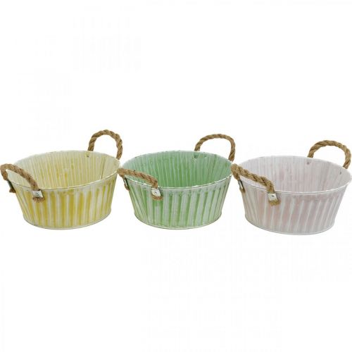 Artikel Metalen plantenschaal, bloemschaal, plantenpot met handvatten roze/groen/geel shabby chic Ø22cm H9.5cm set van 3