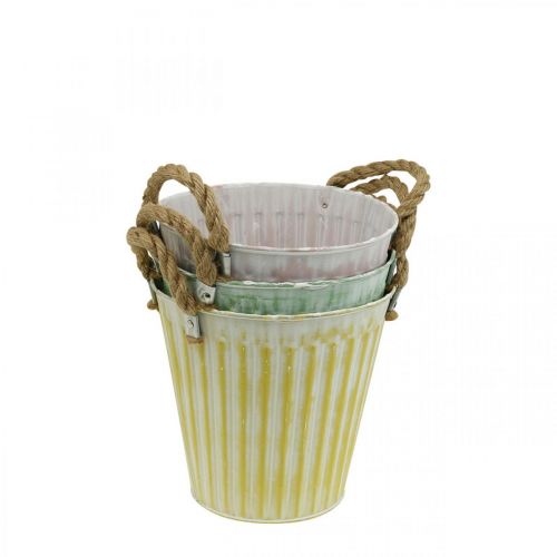 Floristik24 Plantenemmer, metalen pot met handvatten, decoratieve plantenbak roze/groen/geel shabby chic Ø12cm H10cm set van 3