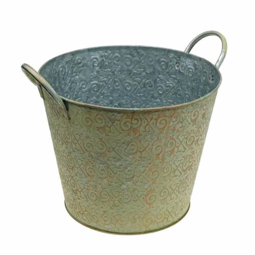 Emmer groen met handvatten Ø26cm vintage look plantenbak metaal roest
