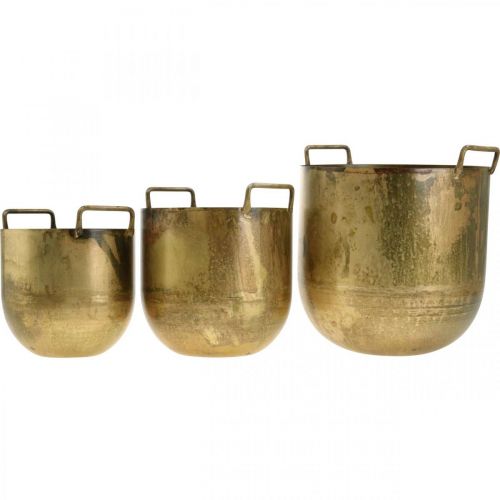 Floristik24 Antiek look bloempot bloempot met metalen handvatten H17 / 19,5 / 26cm, set van 3