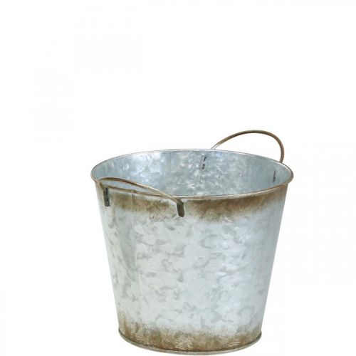 Floristik24 Sierpot met handvatten, plantenemmer, zilveren metalen vat, patina Ø17cm H16.5cm