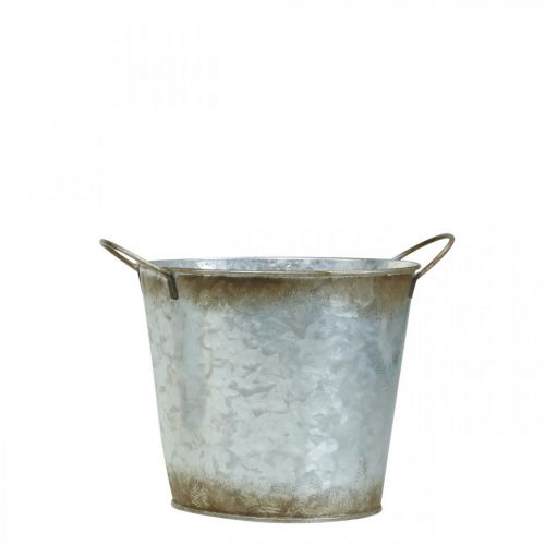 Artikel Sierpot met handvatten, plantenemmer, zilveren metalen vat, patina Ø17cm H16.5cm