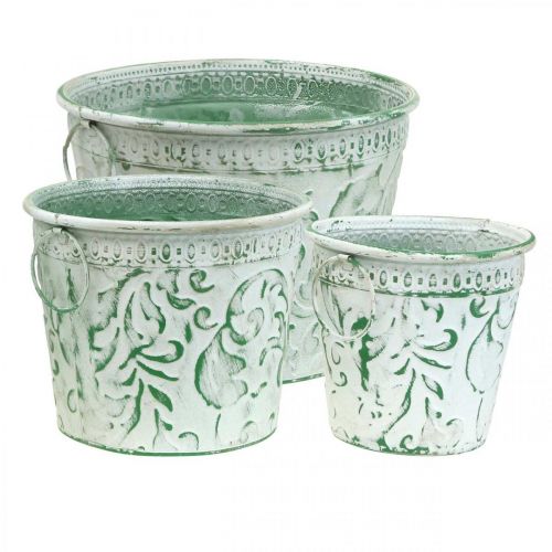 Artikel Metalen potten met handvatten, plantenbakken met reliëf wit, groen shabby chic H20.5/18.5/16cm Ø25.5/20.5/15.5cm set van 3