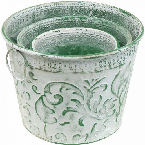 Artikel Metalen potten met handvatten, plantenbakken met reliëf wit, groen shabby chic H20.5/18.5/16cm Ø25.5/20.5/15.5cm set van 3