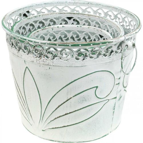 Artikel Blikken kuip met reliëf, plantenbak met handvatten wit, groen shabby chic H22/19.5/17.5cm Ø25.5/20.5/15.5cm set van 3