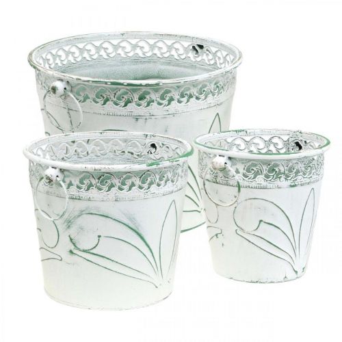 Floristik24 Blikken kuip met reliëf, plantenbak met handvatten wit, groen shabby chic H22/19.5/17.5cm Ø25.5/20.5/15.5cm set van 3