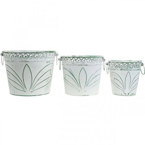 Artikel Blikken kuip met reliëf, plantenbak met handvatten wit, groen shabby chic H22/19.5/17.5cm Ø25.5/20.5/15.5cm set van 3