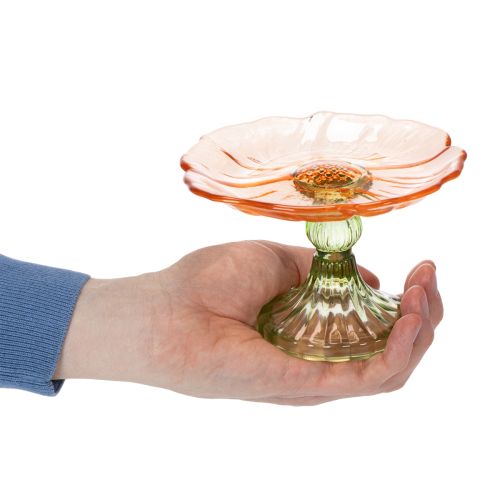 Artikel Decoratief glazen bord met voetje, bloemmotief voor stijlvolle tafeldecoratie en zomerse decoratie, 15 cm