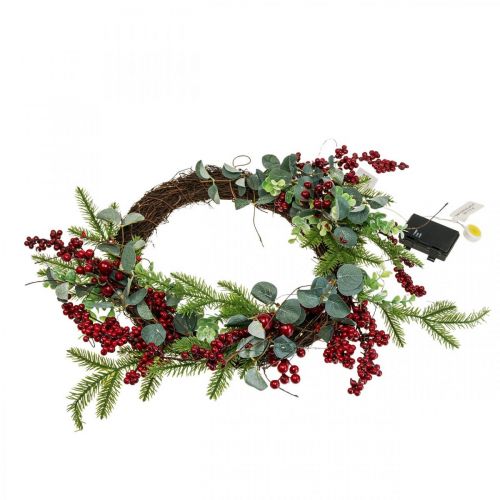 Floristik24 Kerst deurkrans verlichte bessen LED krans Ø37cm