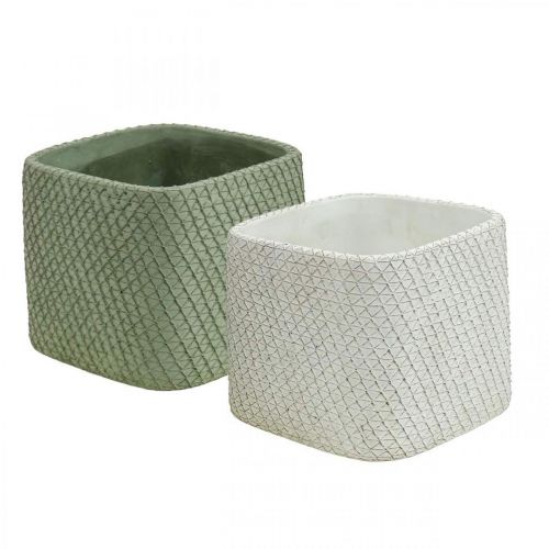 Floristik24 Plantenbak keramiek wit groen reliëf mesh 13.5x13.5cm H13cm 2st